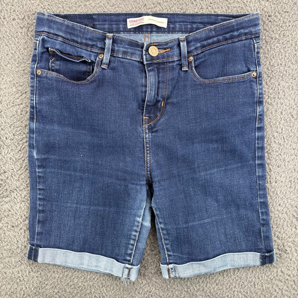 Signature by Levi Strauss Women Blue Bermuda Shorts W16 Dark Wash Denim Cuffed‎